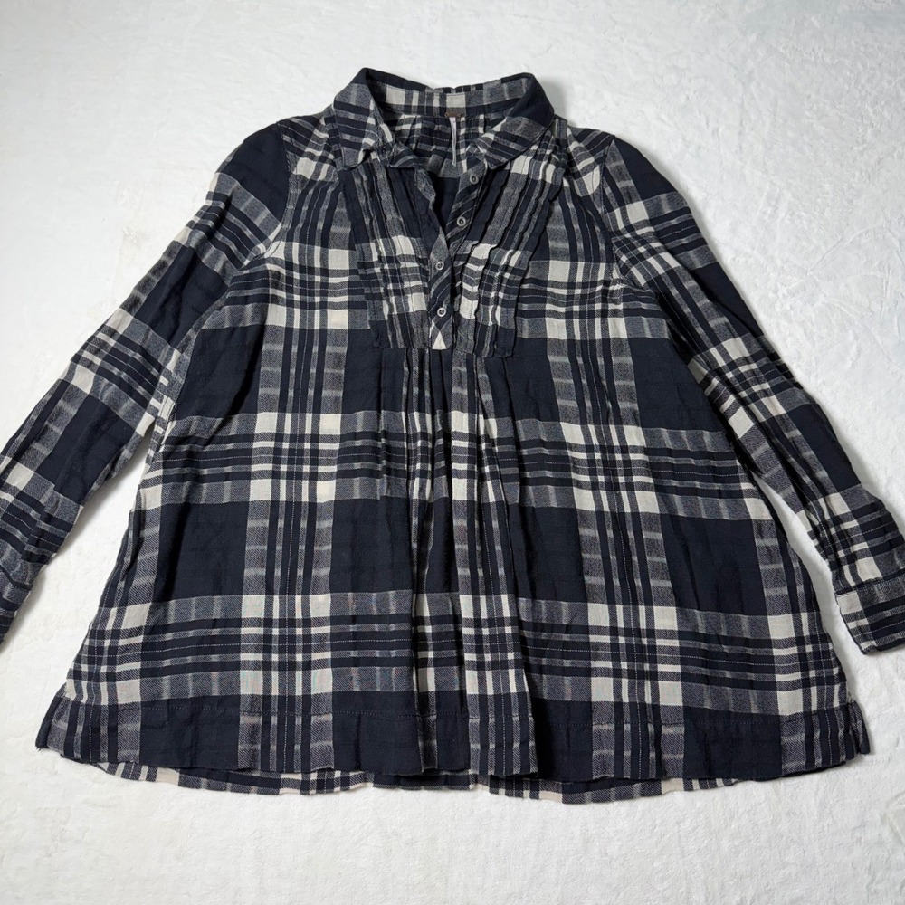 Free People Baby Blues Plaid Button Tunic Shirt Black White Long Sleeve Size S